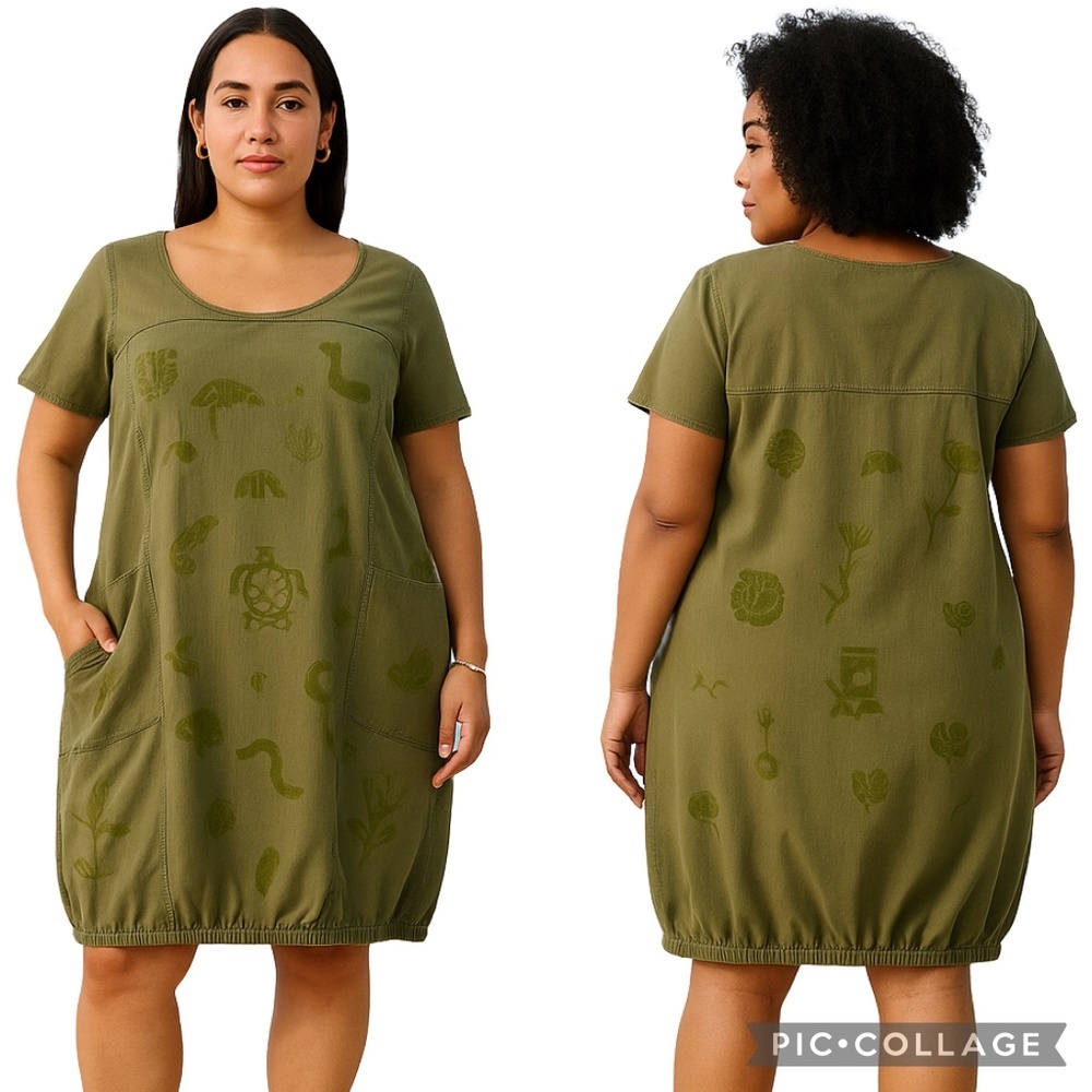 Hand-Painted Olive Green Short Sleeve Pocket Dress Unique Artwear (Fits‎ M/L)